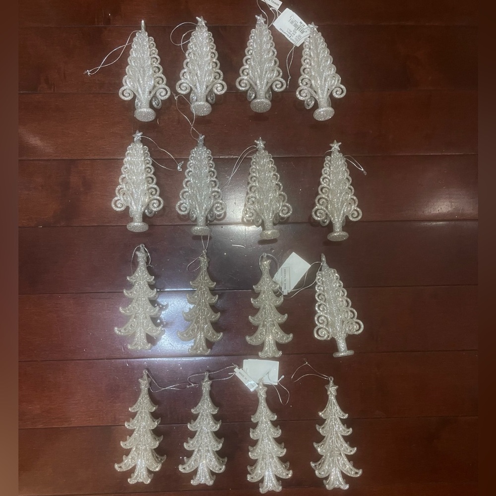 16 Assorted Glitter Silver Tone Christmas Tree Ornaments